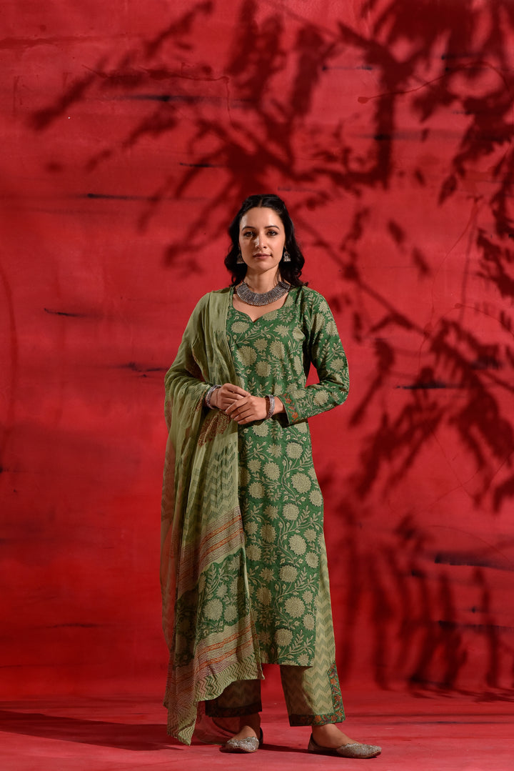 Combo - Red Kalamkari Suit Set & Dazzle Green Cotton Set