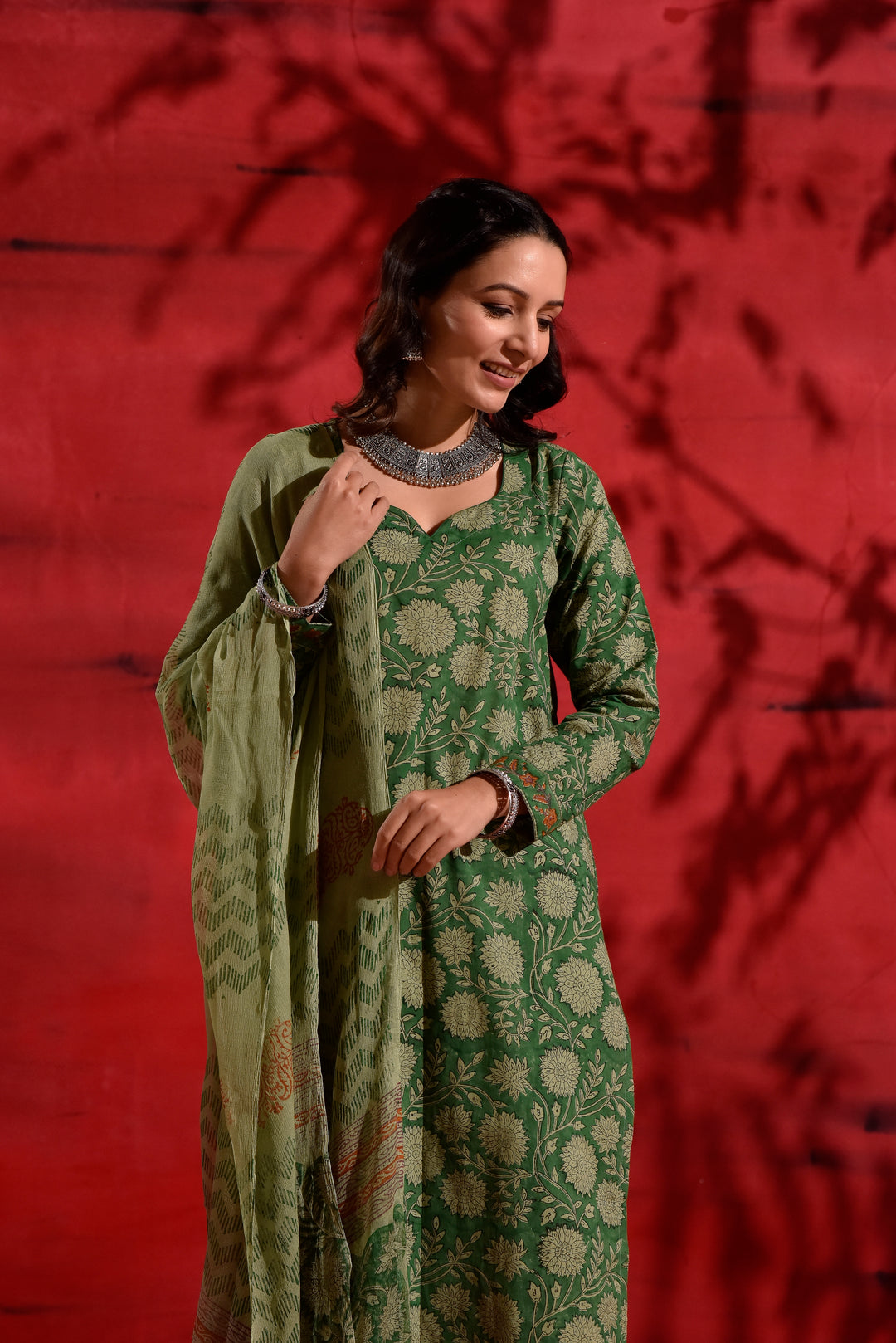 Combo - Red Kalamkari Suit Set & Dazzle Green Cotton Set
