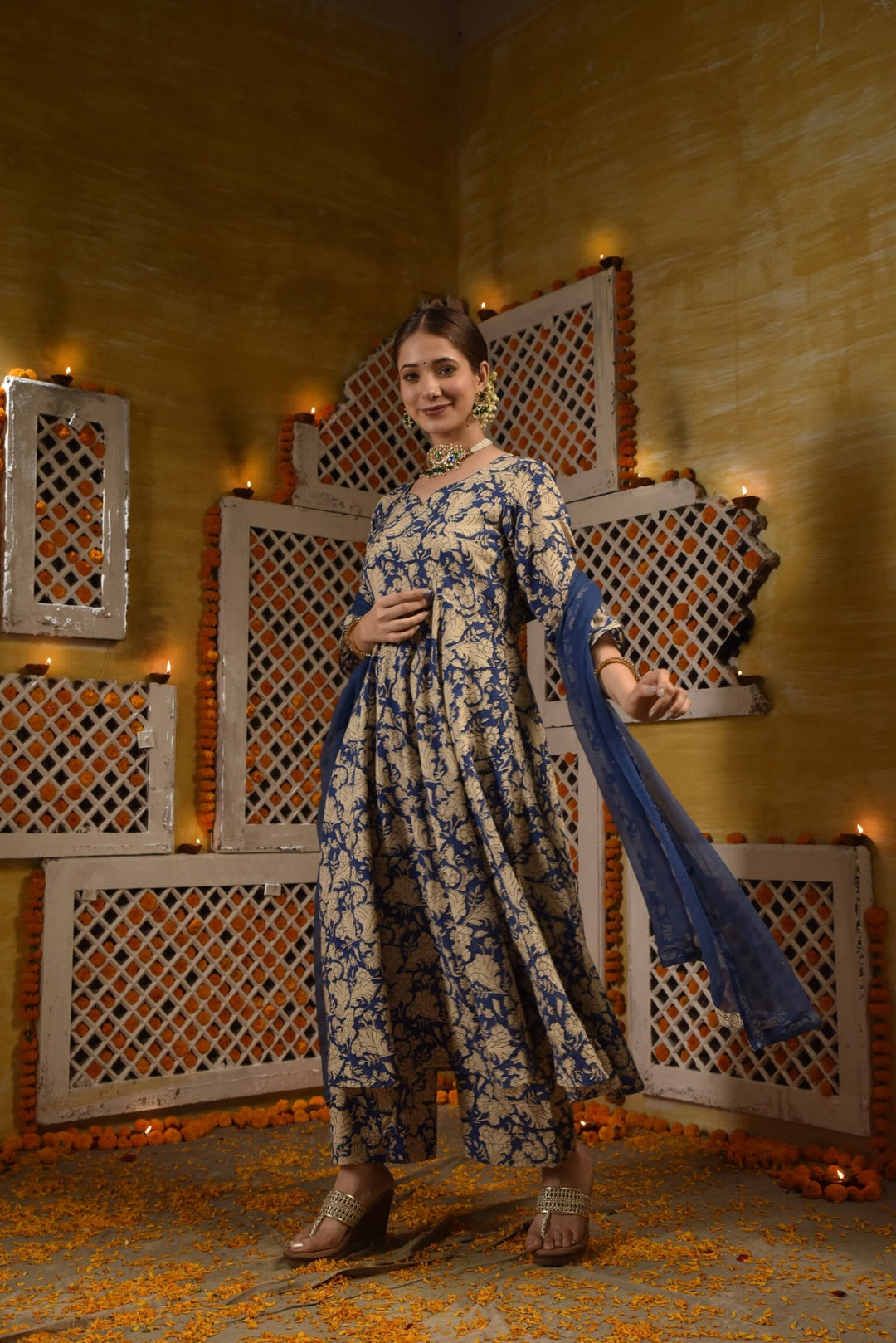 Blue Jaal Anarkali Set