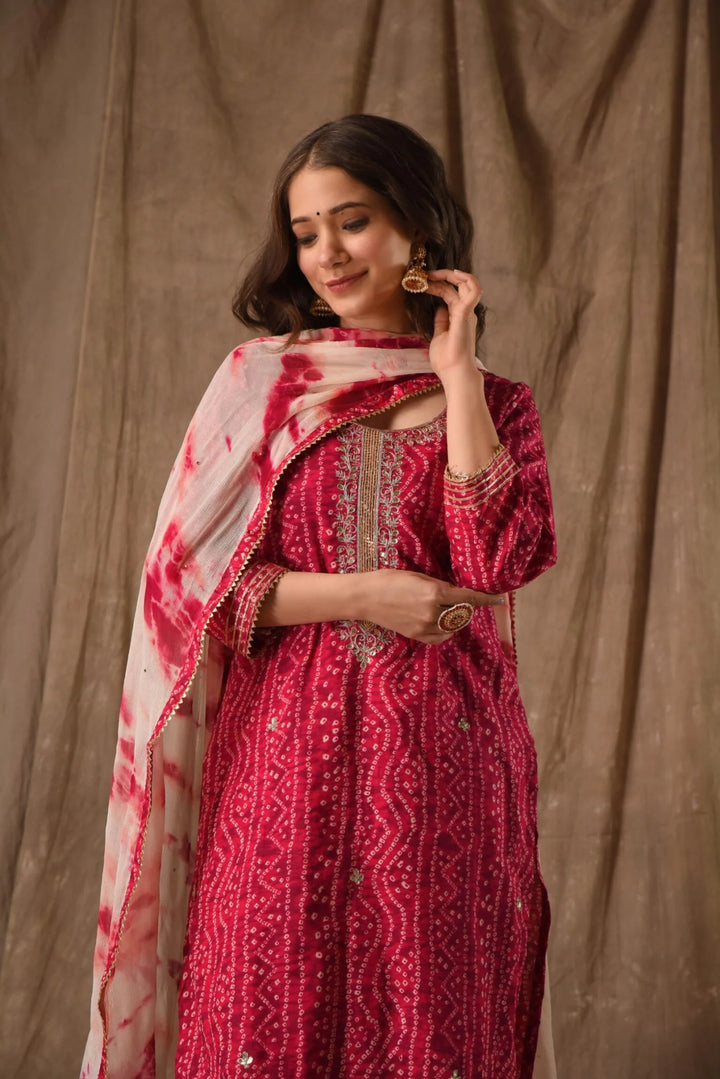 Unstitched - Rani Pittan Bandhej Suit Set