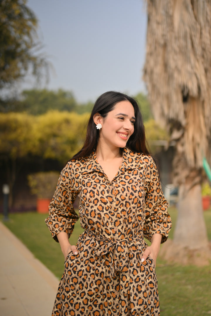 Beige Leopard Cotton Shirt Dress