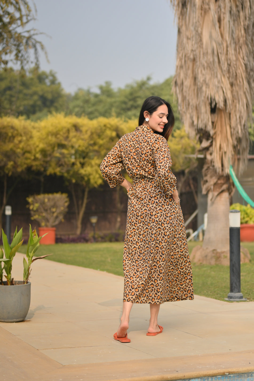 Beige Leopard Cotton Shirt Dress