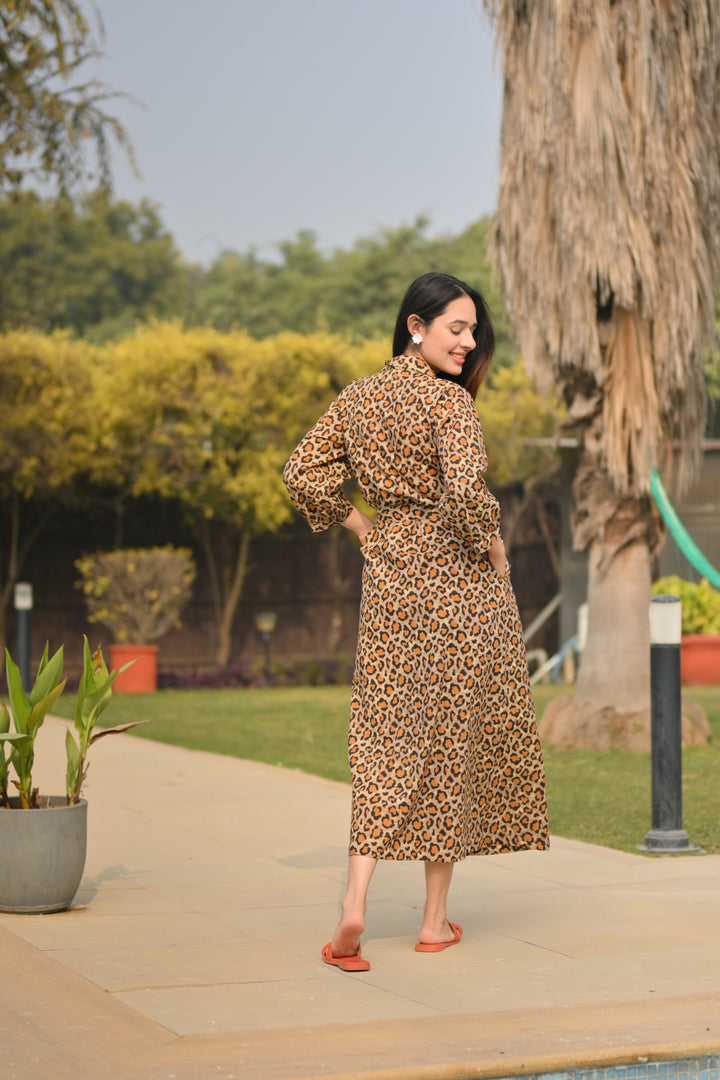 Beige Leopard Cotton Shirt Dress