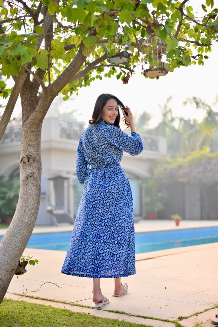 Blue Leopard Cotton Shirt Dress