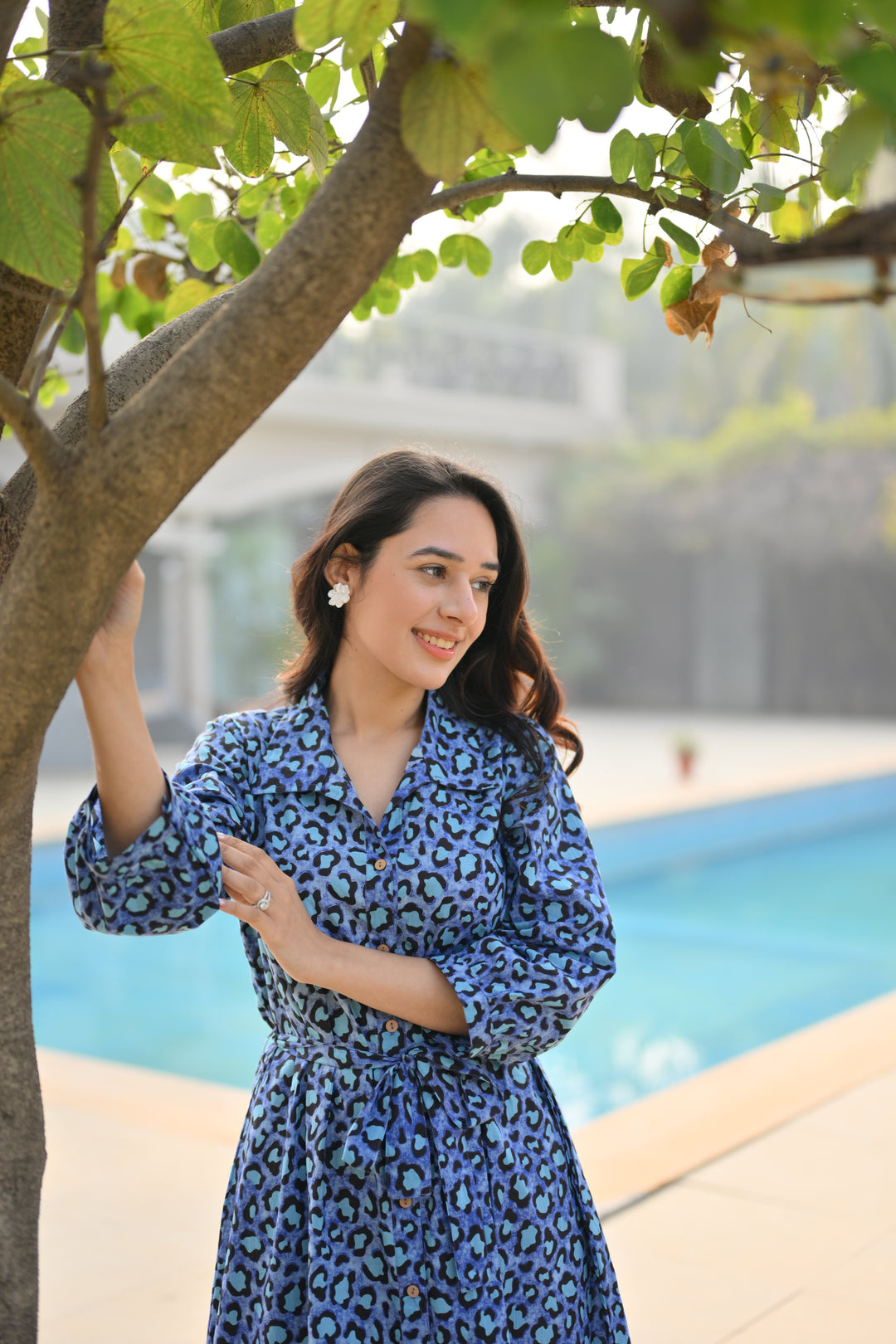 Blue Leopard Cotton Shirt Dress