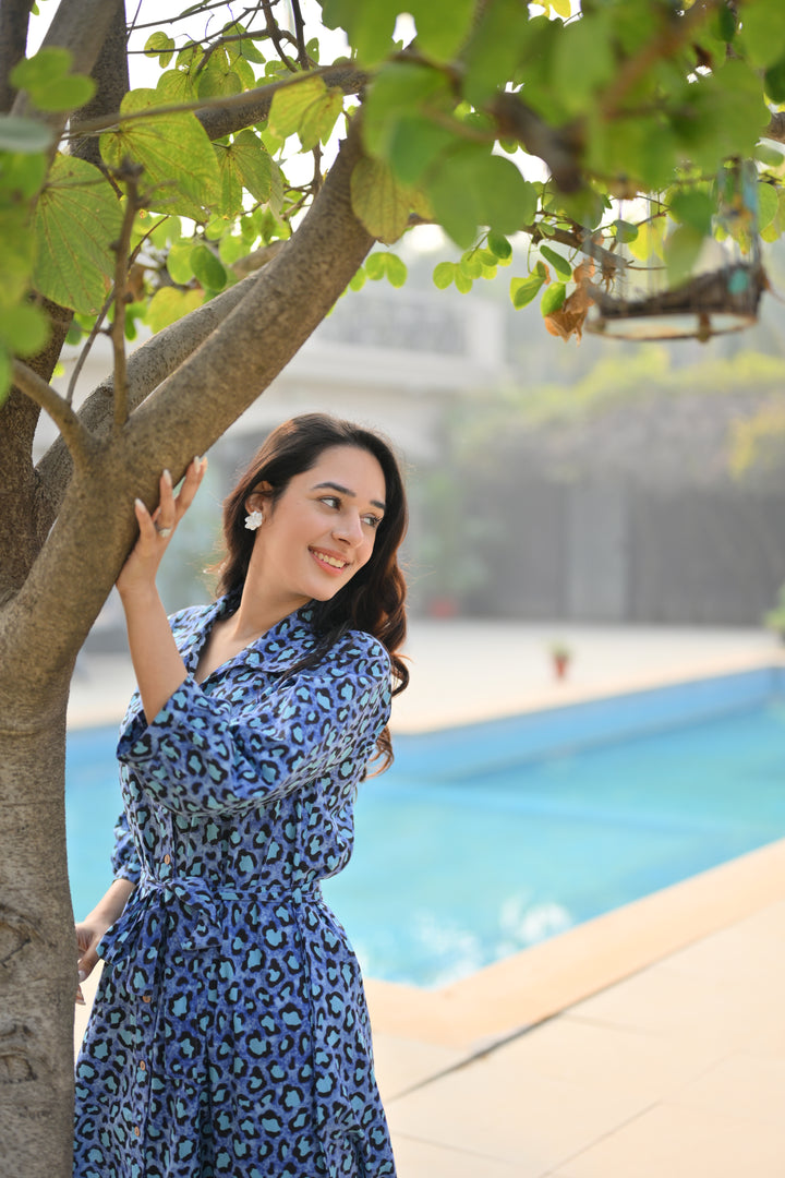 Blue Leopard Cotton Shirt Dress