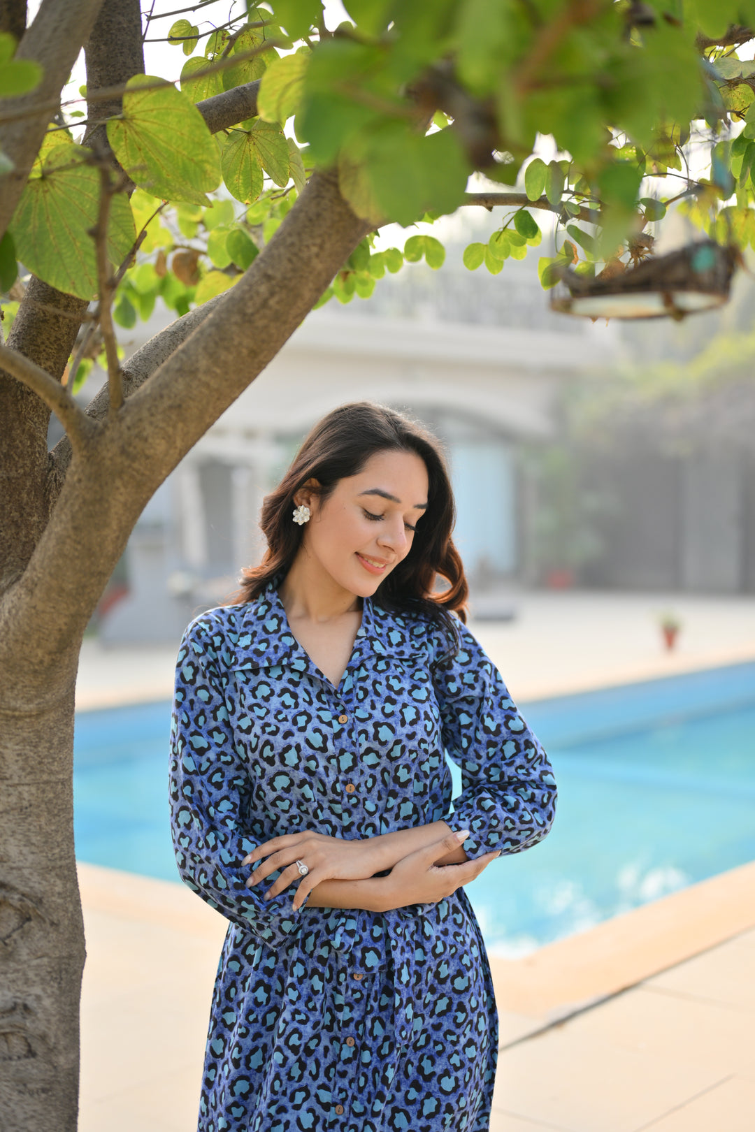 Blue Leopard Cotton Shirt Dress