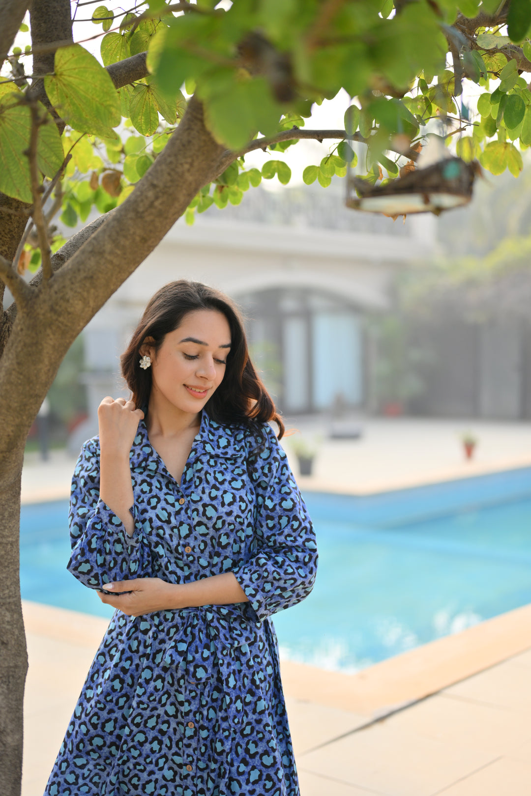 Blue Leopard Cotton Shirt Dress