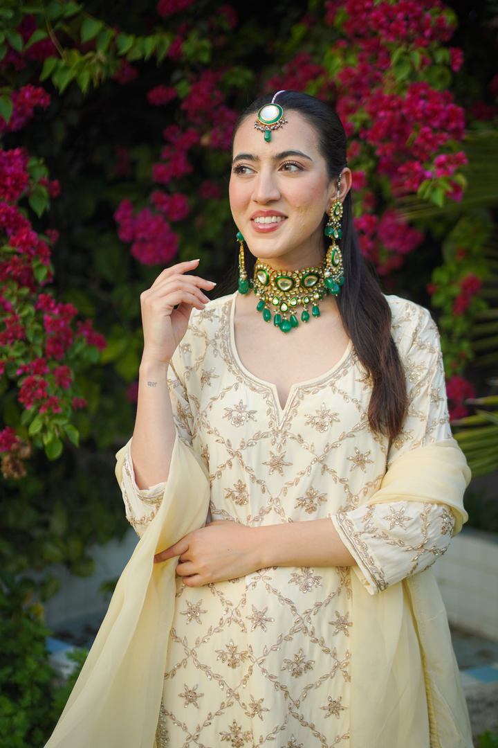 Sona Yellow Crepe Zardozi Set