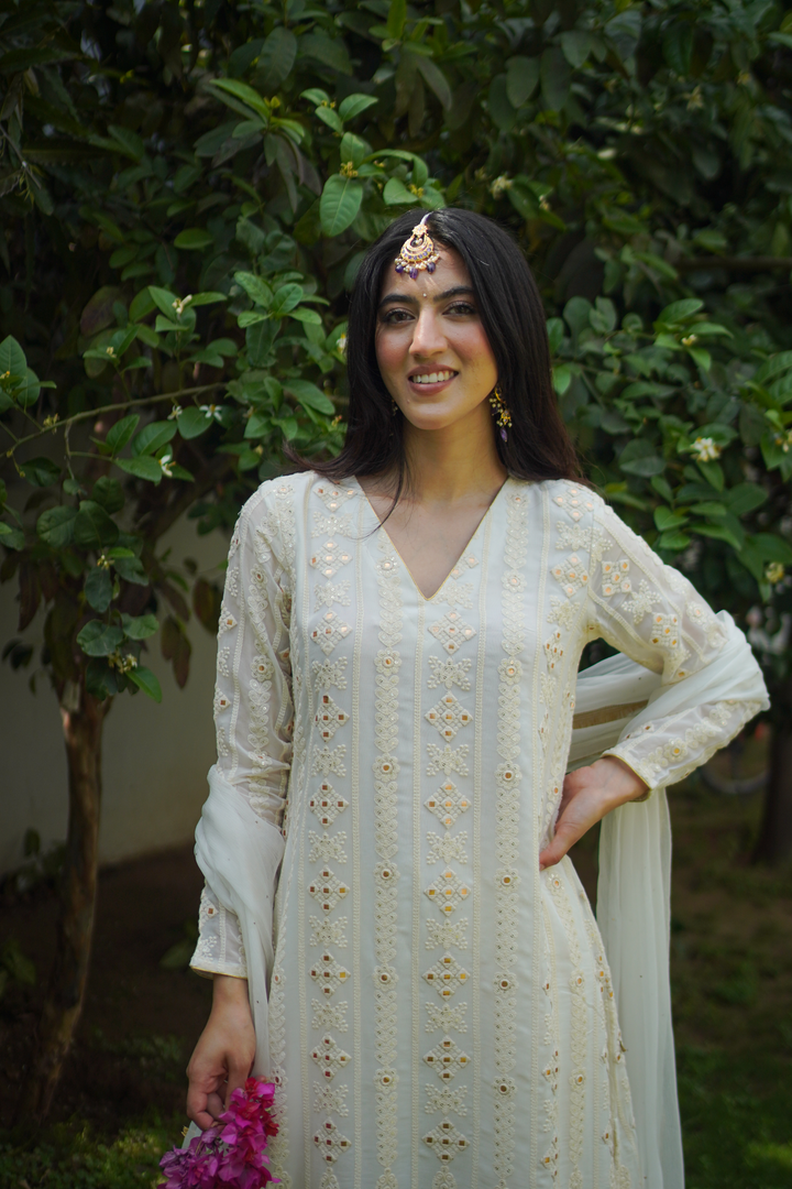 White A-line Chikankari Set