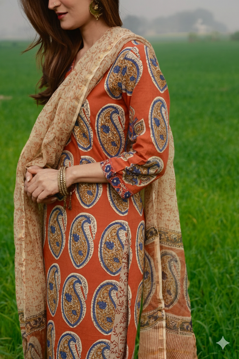 Red Handblock Straight Suit Set