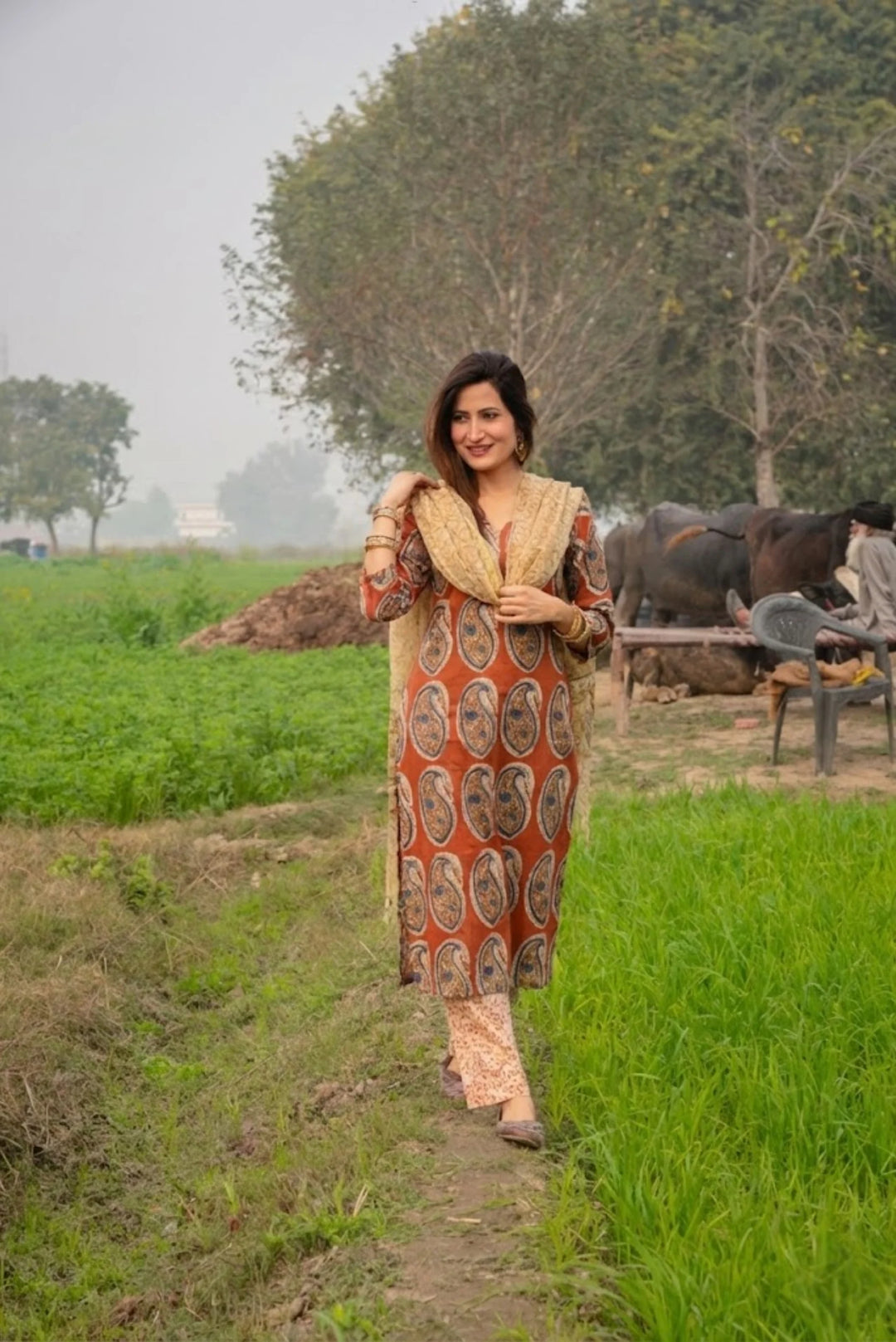 Unstitched - Red Handblock Straight Suit Set