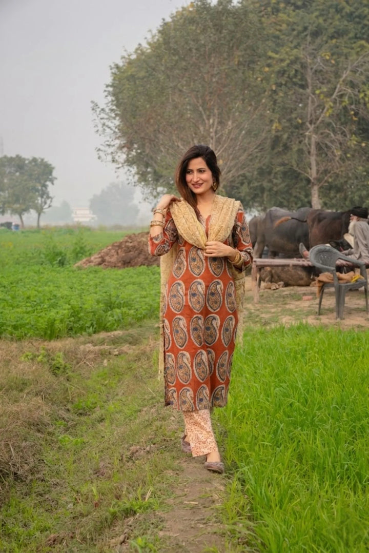 Unstitched - Red Handblock Straight Suit Set