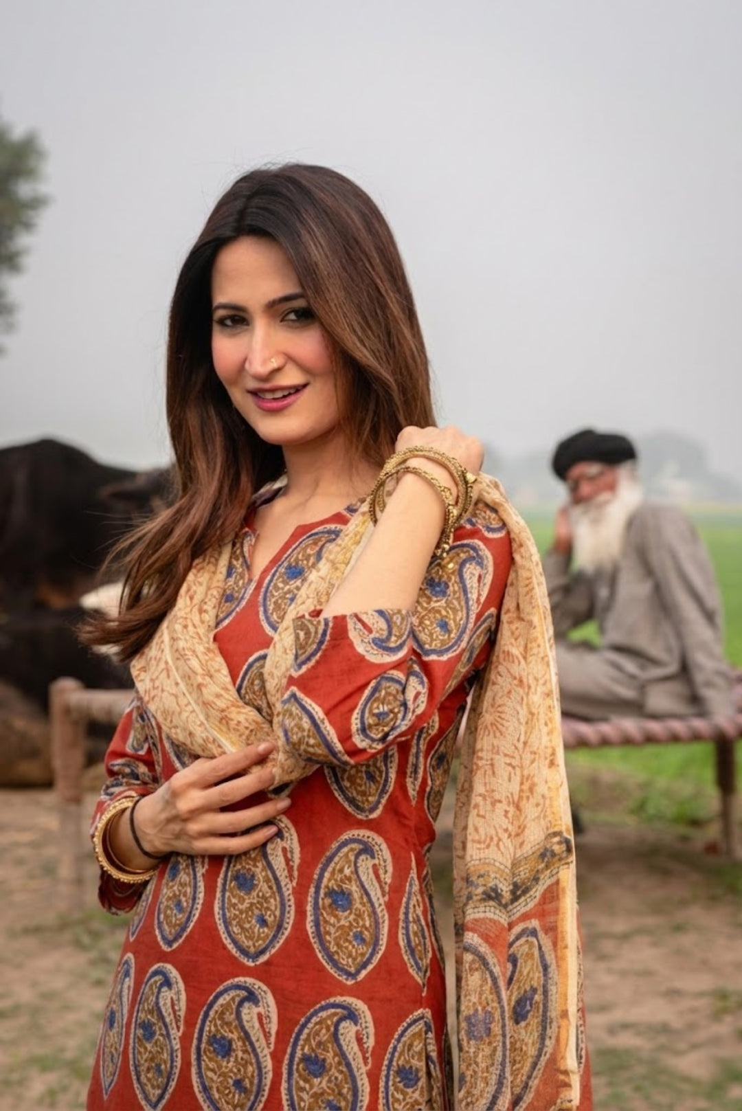 Red Handblock Straight Suit Set