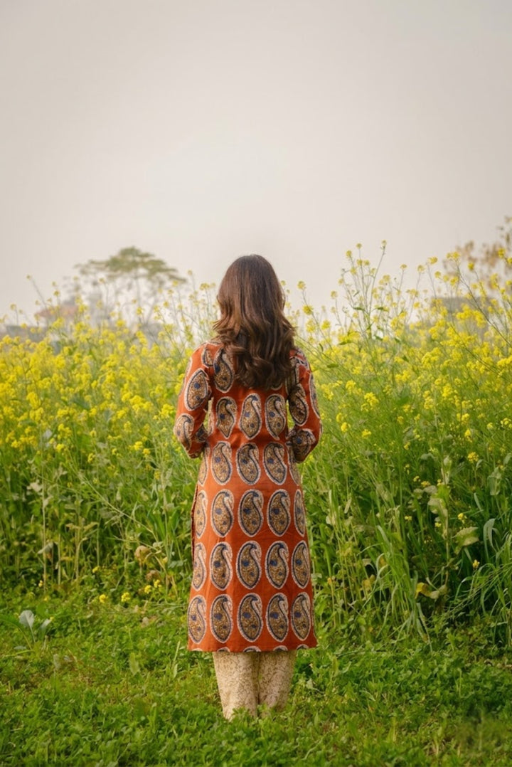 Red Handblock Straight Suit Set