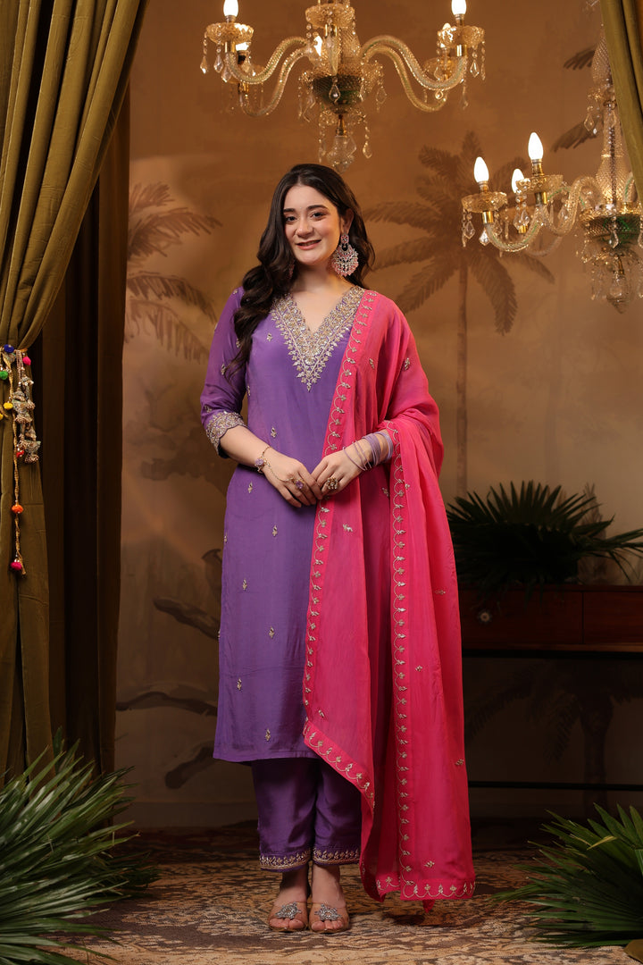 Purple Crepe Zardozi Suit Set