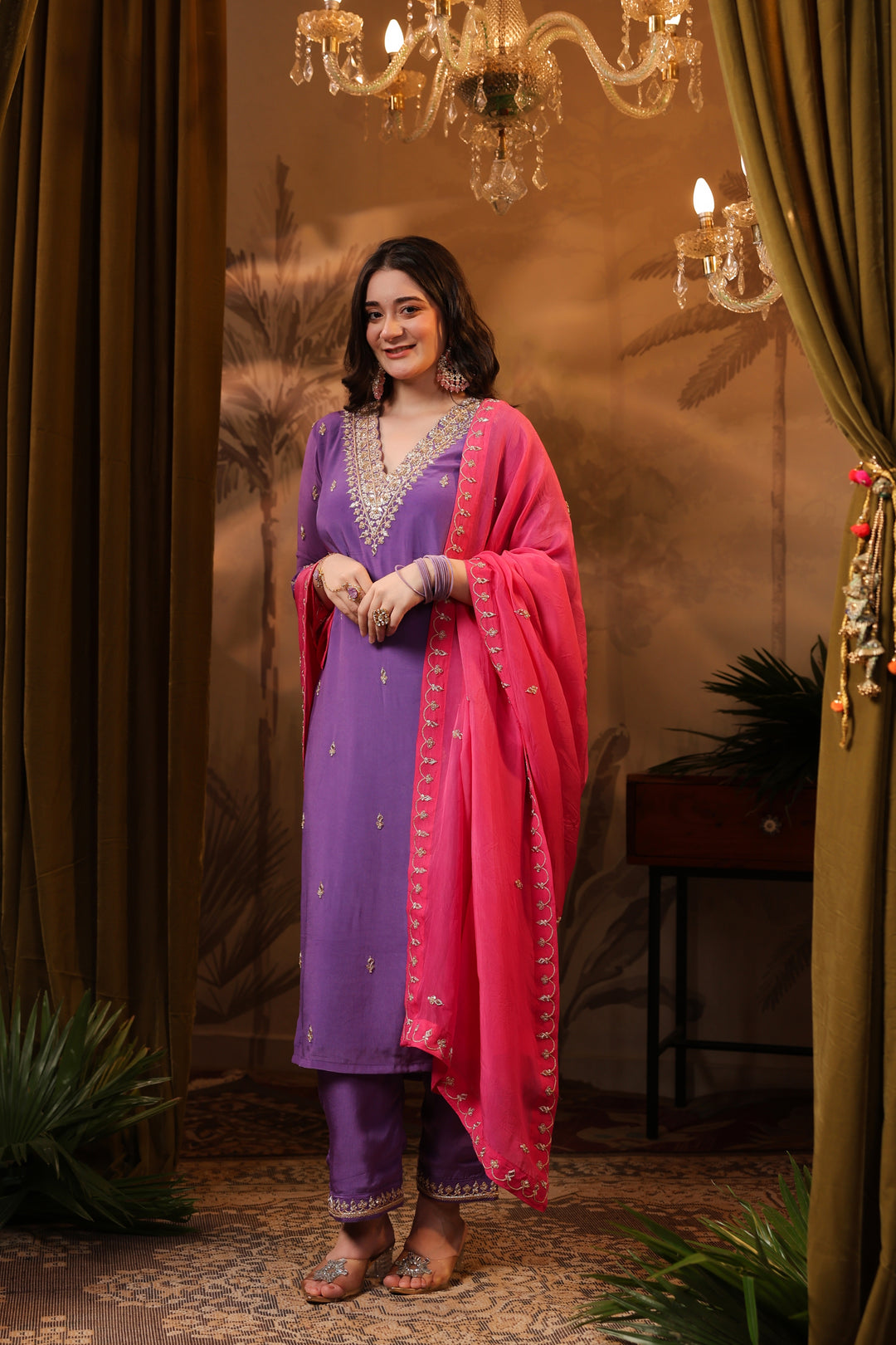 Purple Crepe Zardozi Suit Set