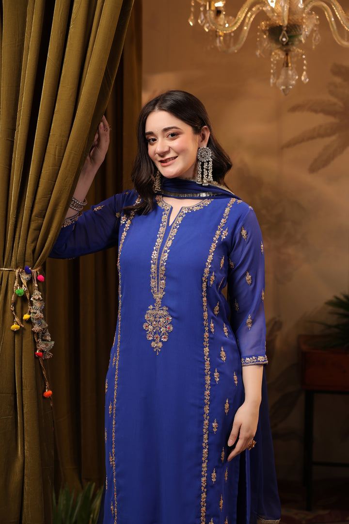 Royal Blue Georgette Marodi Suit Set