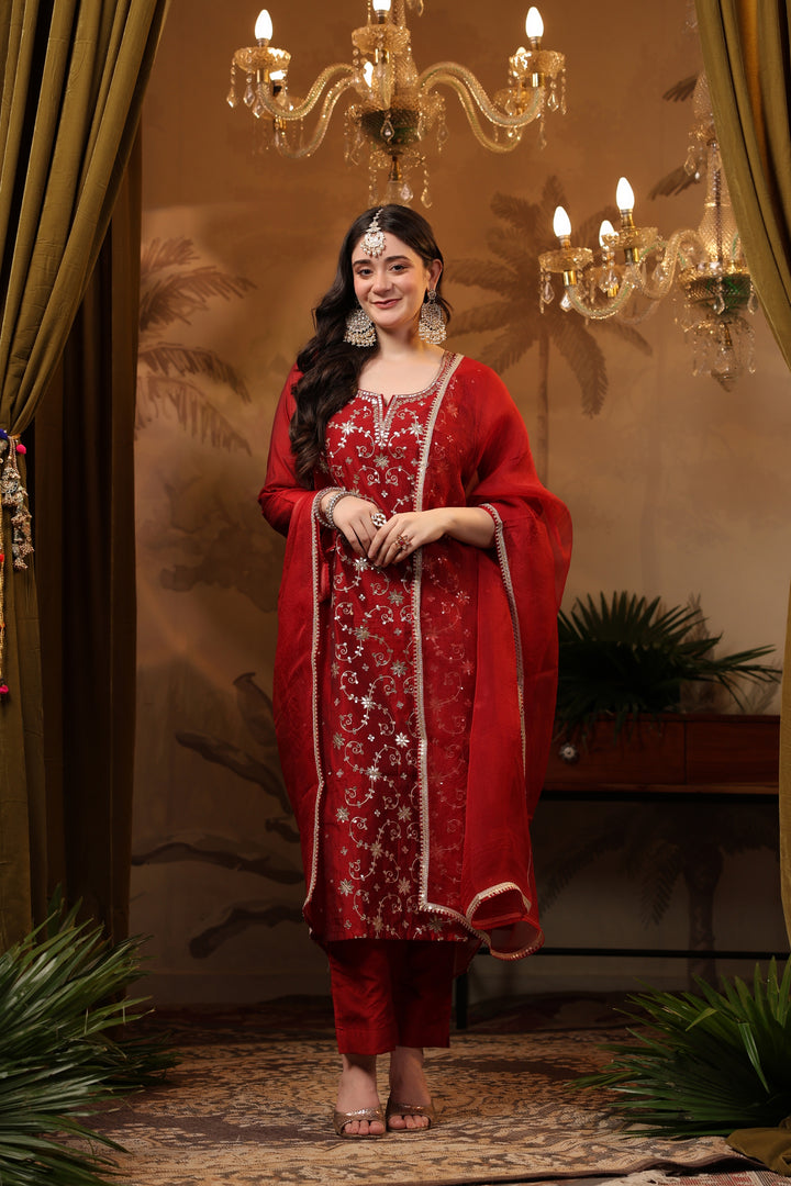 Red Jaal Chanderi Gota Suit Set