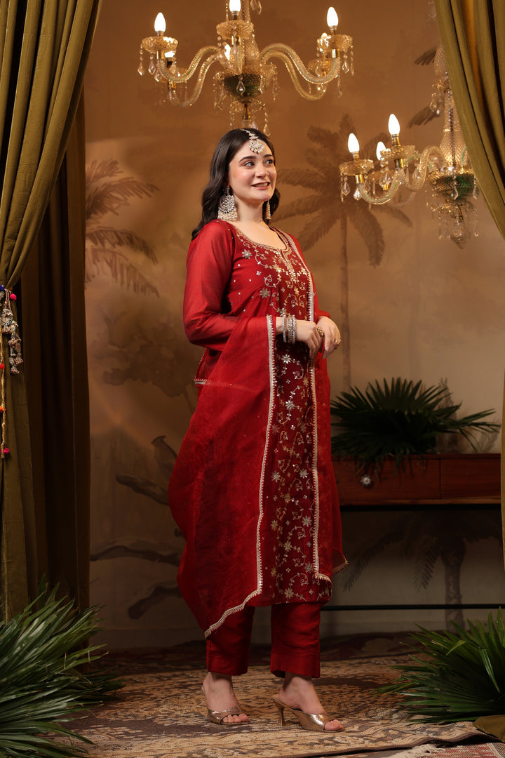 Red Jaal Chanderi Gota Suit Set