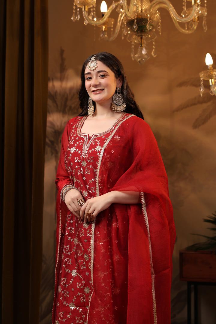 Red Jaal Chanderi Gota Suit Set