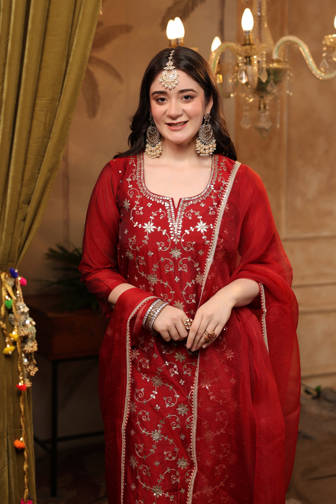 Red Jaal Chanderi Gota Suit Set