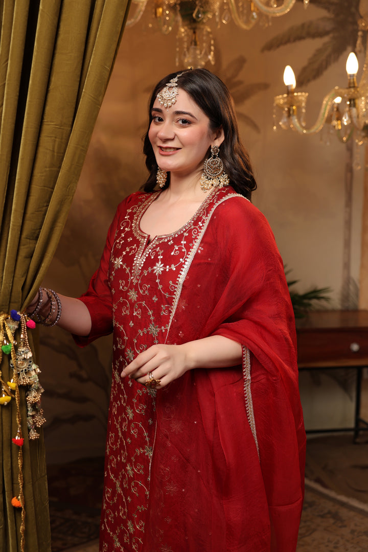 Red Jaal Chanderi Gota Suit Set