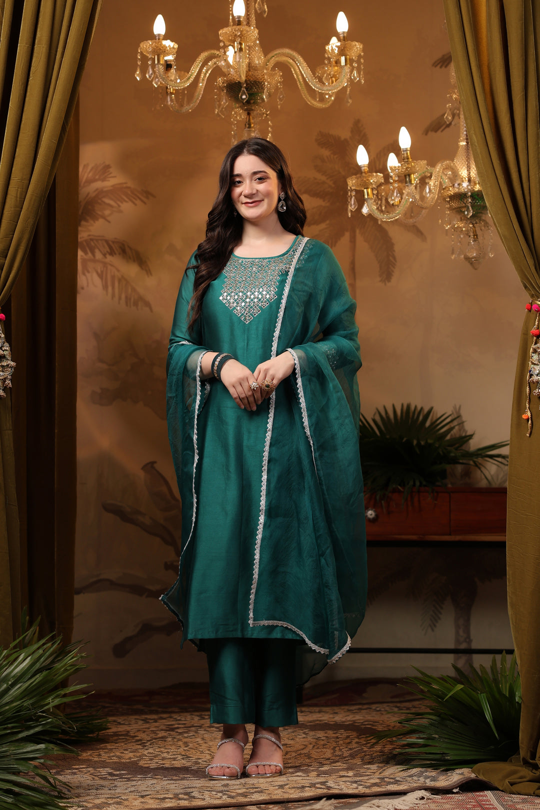 Teal Chanderi Mirror Suit Set