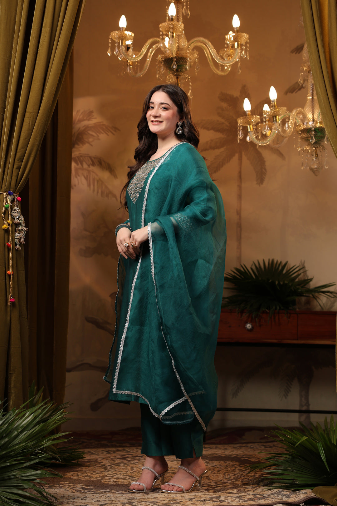 Teal Chanderi Mirror Suit Set