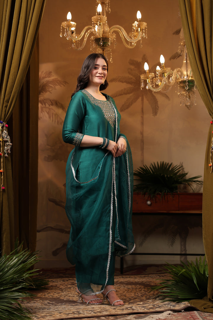 Teal Chanderi Mirror Suit Set