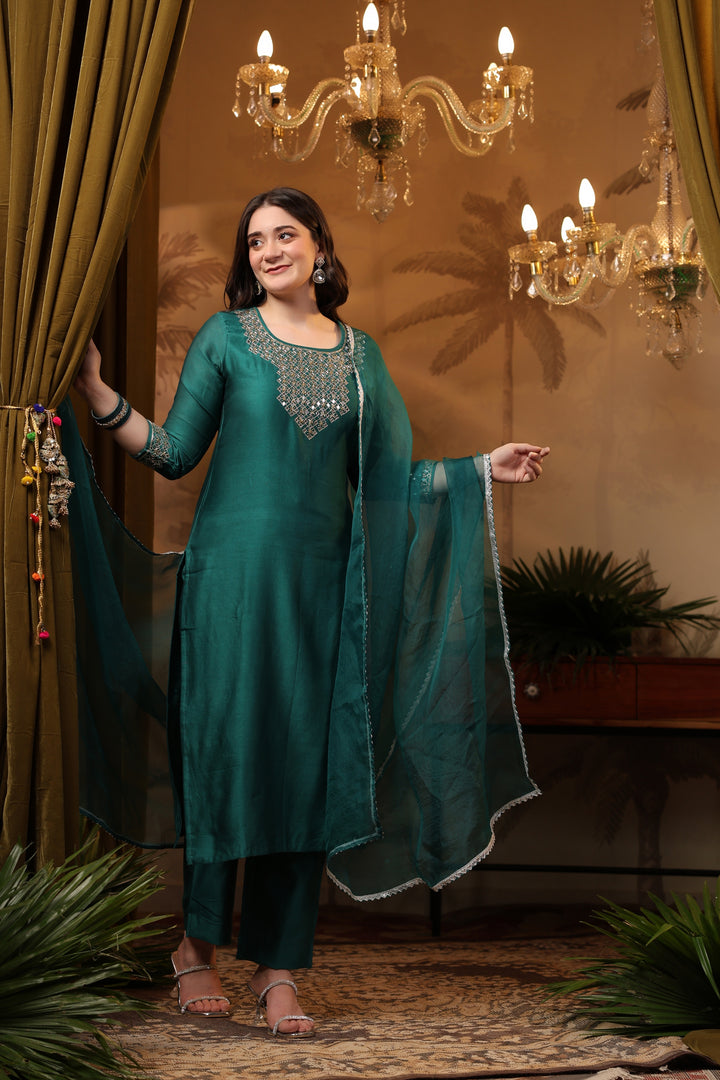 Teal Chanderi Mirror Suit Set