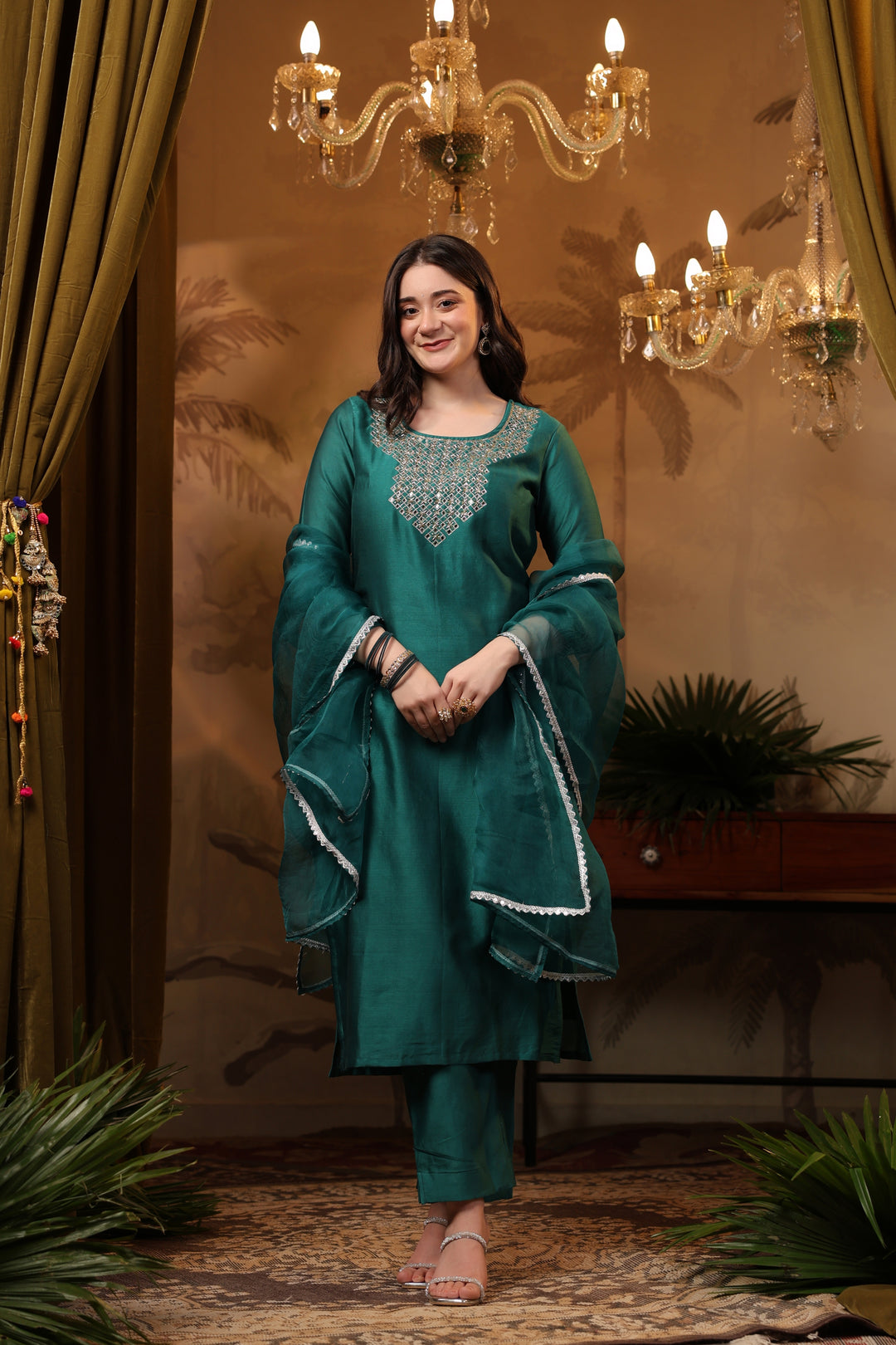 Teal Chanderi Mirror Suit Set