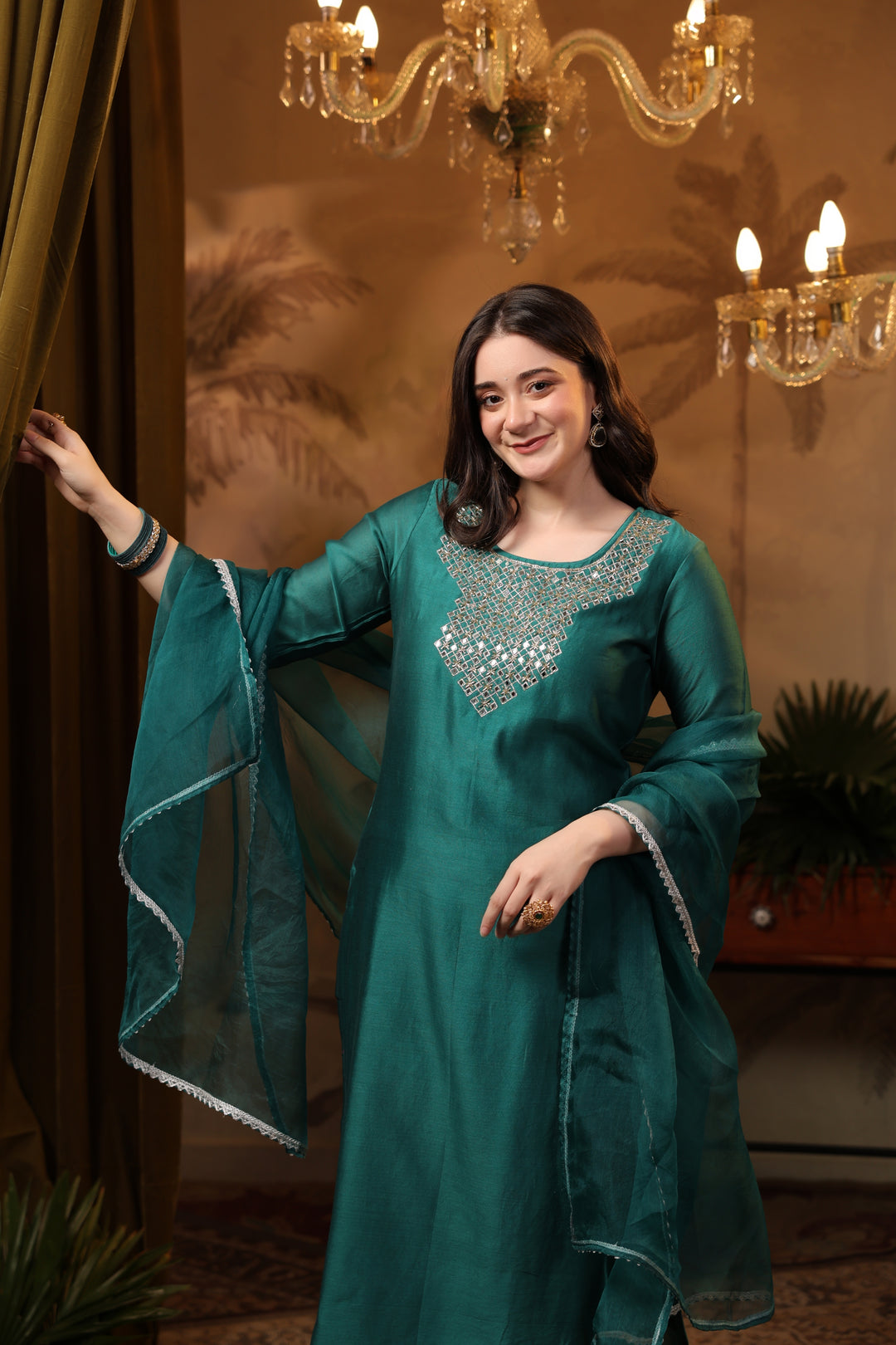 Teal Chanderi Mirror Suit Set