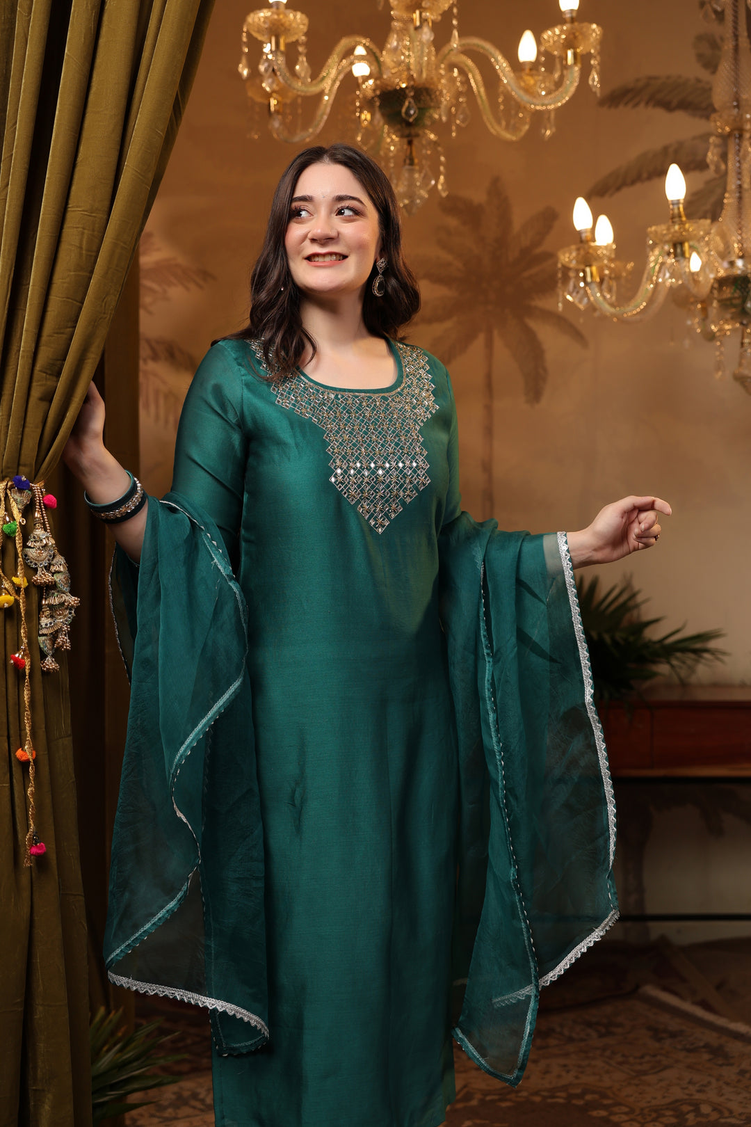 Teal Chanderi Mirror Suit Set