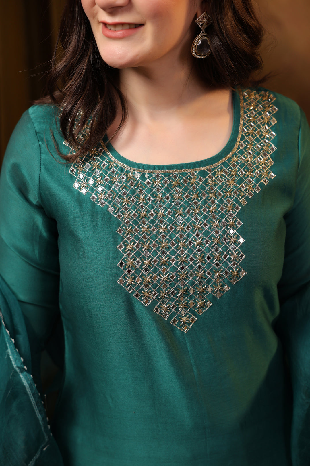 Teal Chanderi Mirror Suit Set