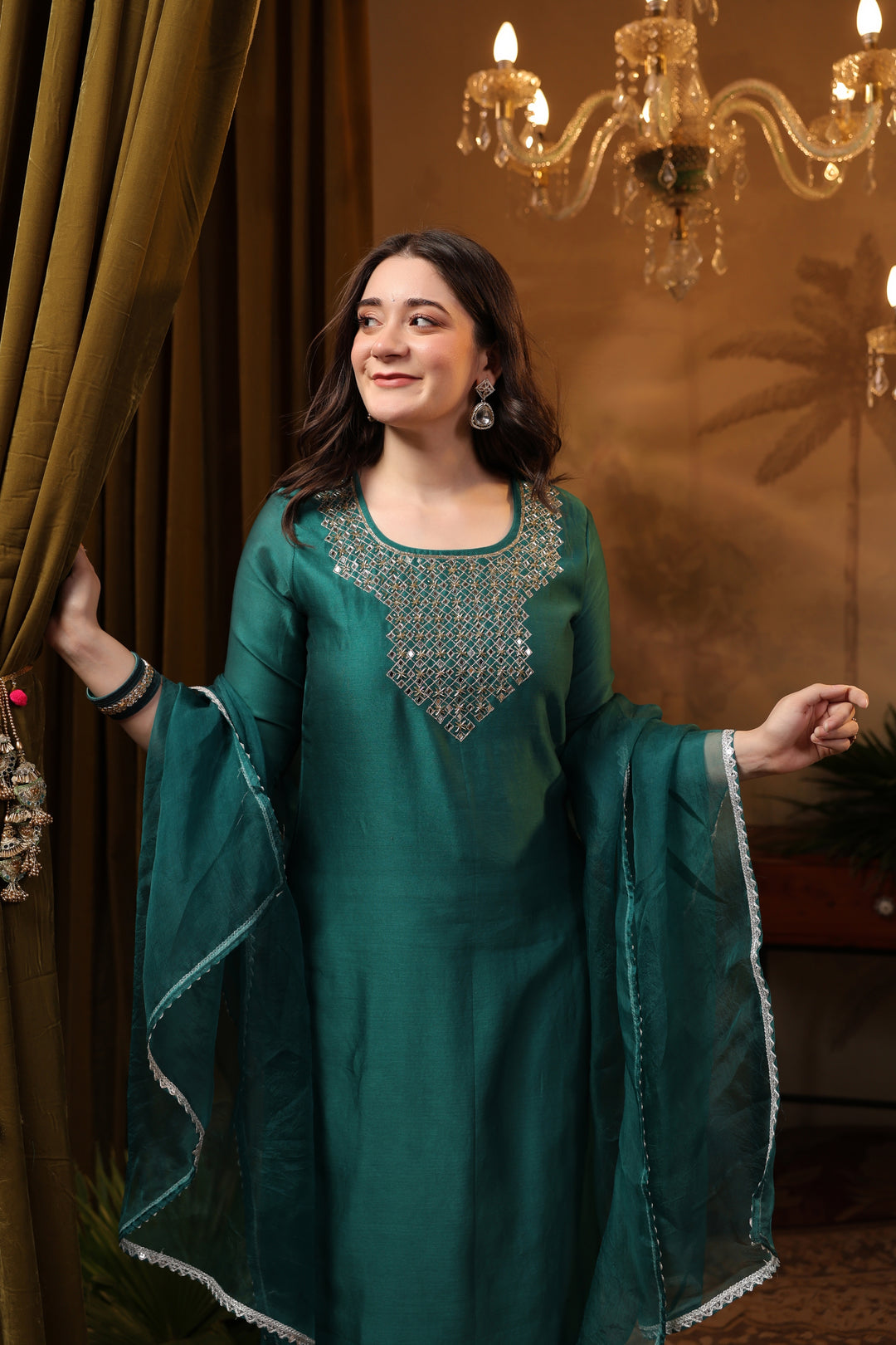 Teal Chanderi Mirror Suit Set