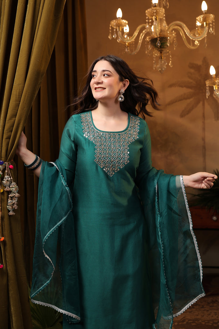 Teal Chanderi Mirror Suit Set