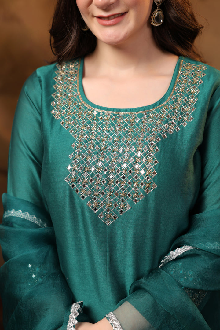 Teal Chanderi Mirror Suit Set