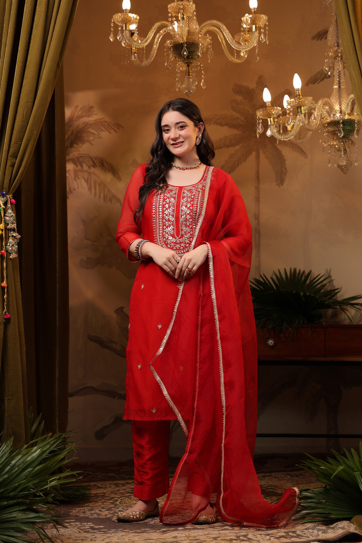 Red Gota Chanderi Suit Set