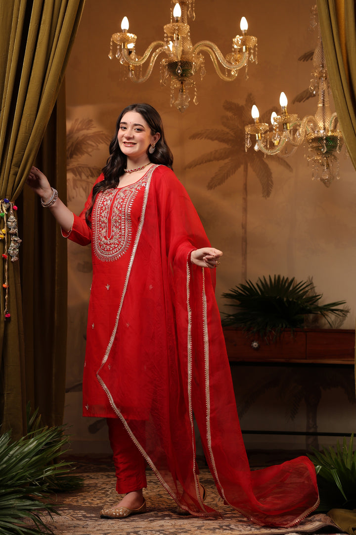 Red Gota Chanderi Suit Set