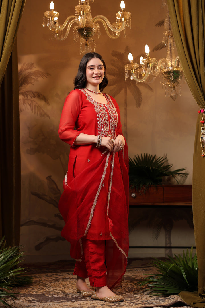 Red Gota Chanderi Suit Set