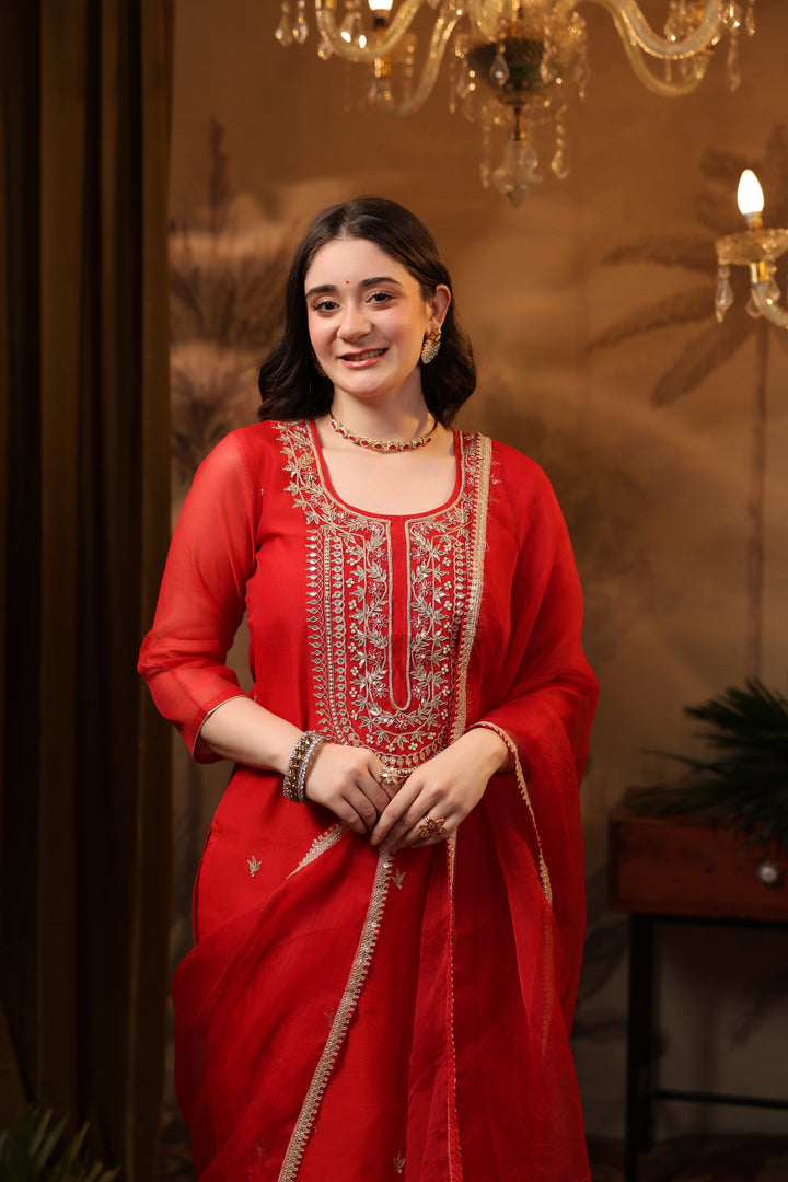 Red Gota Chanderi Suit Set