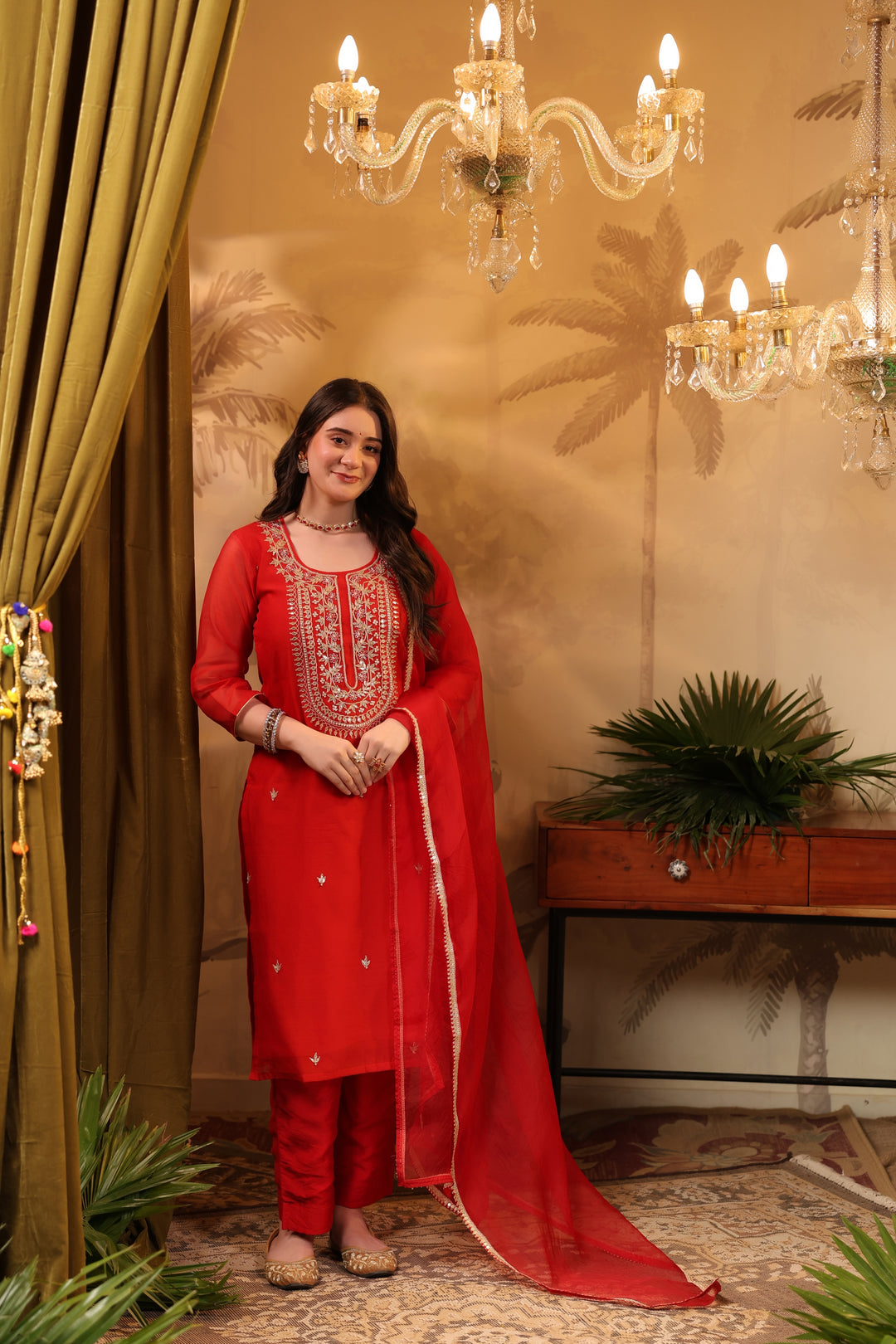 Red Gota Chanderi Suit Set