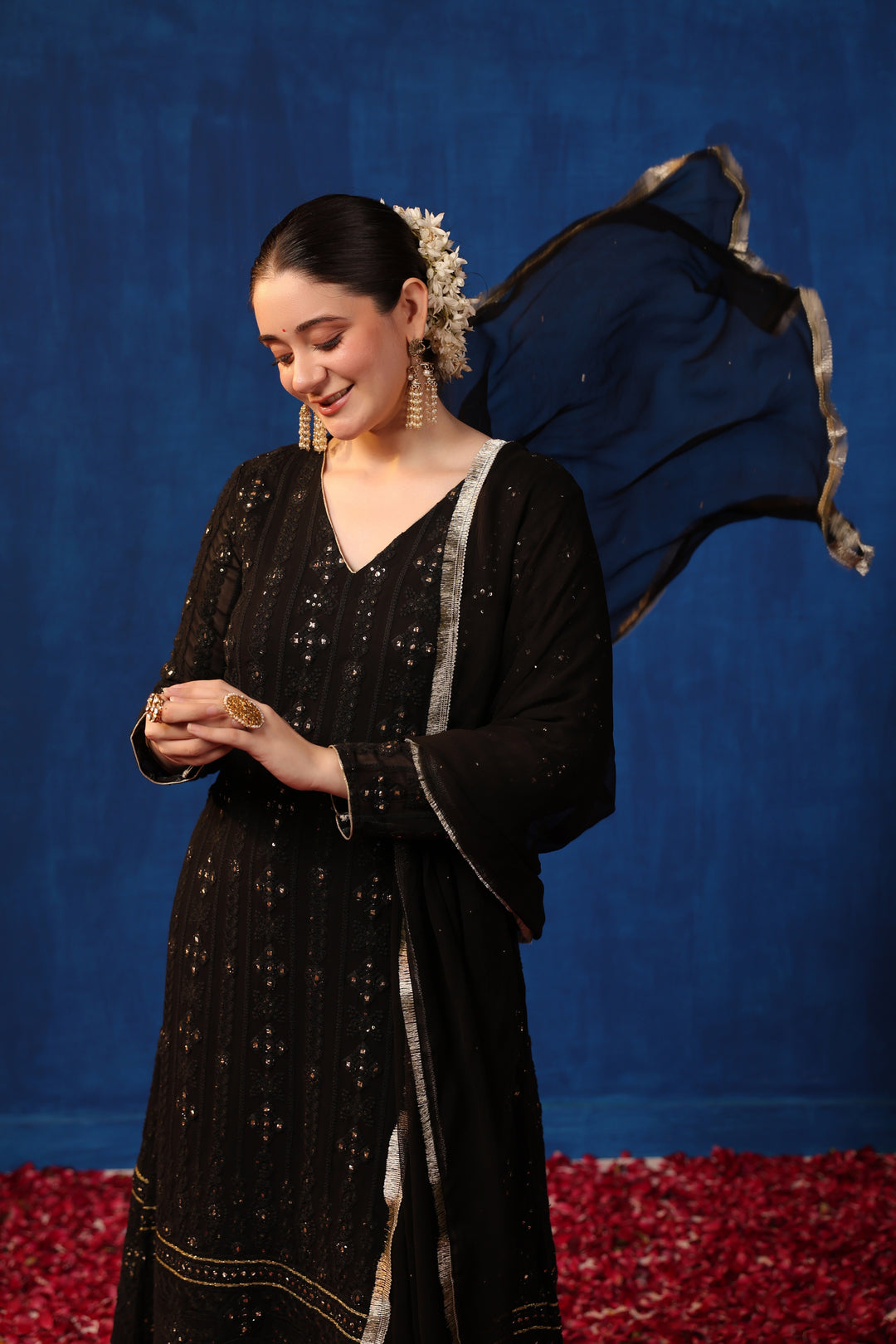 full black chikankari dress Black Mens Kurta Set