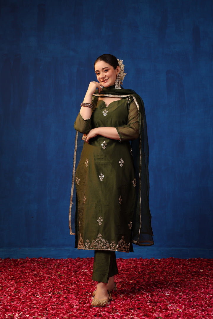 Olive Chanderi Gota Suit Set