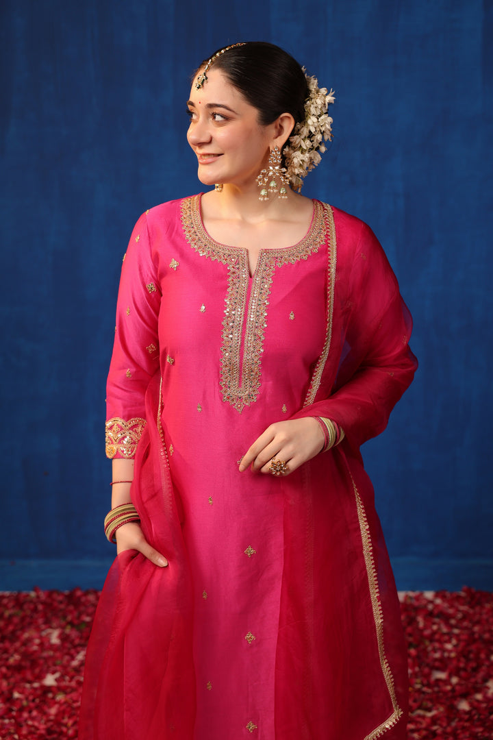 Fuschia Chanderi Gota Suit Set