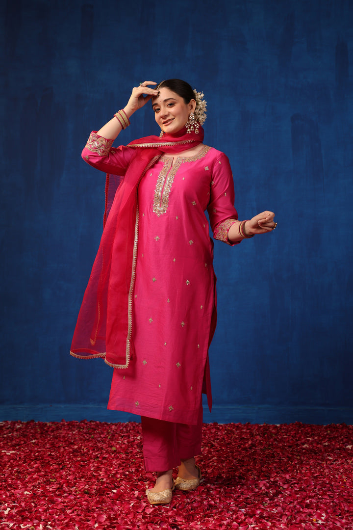 Fuschia Chanderi Gota Suit Set