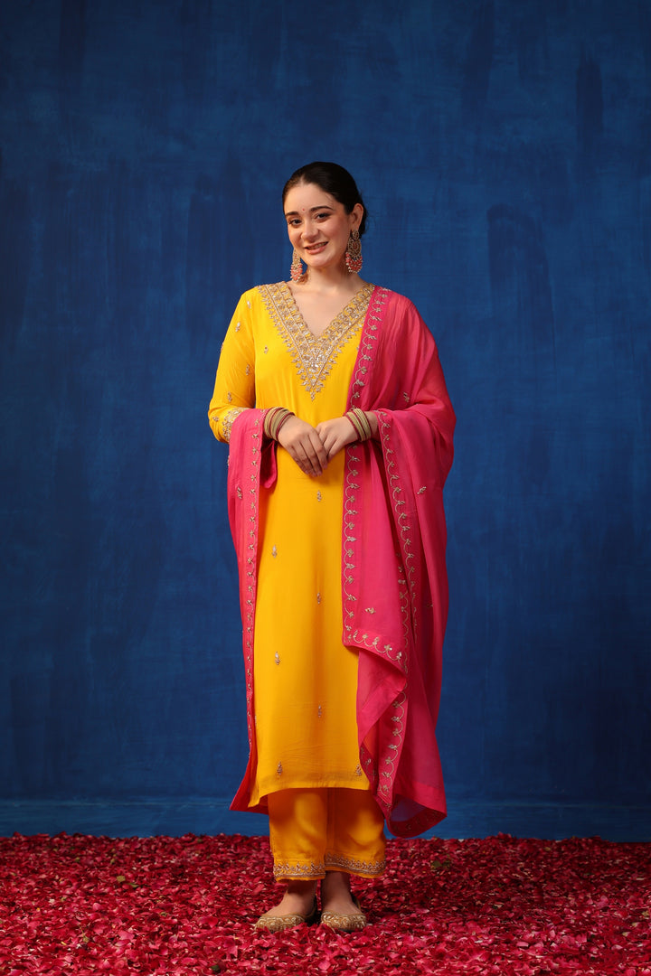 Yellow Crepe Zardozi Suit Set