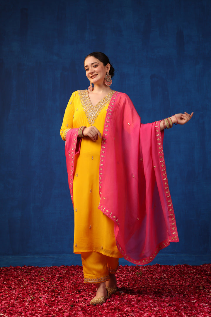 Yellow Crepe Zardozi Suit Set