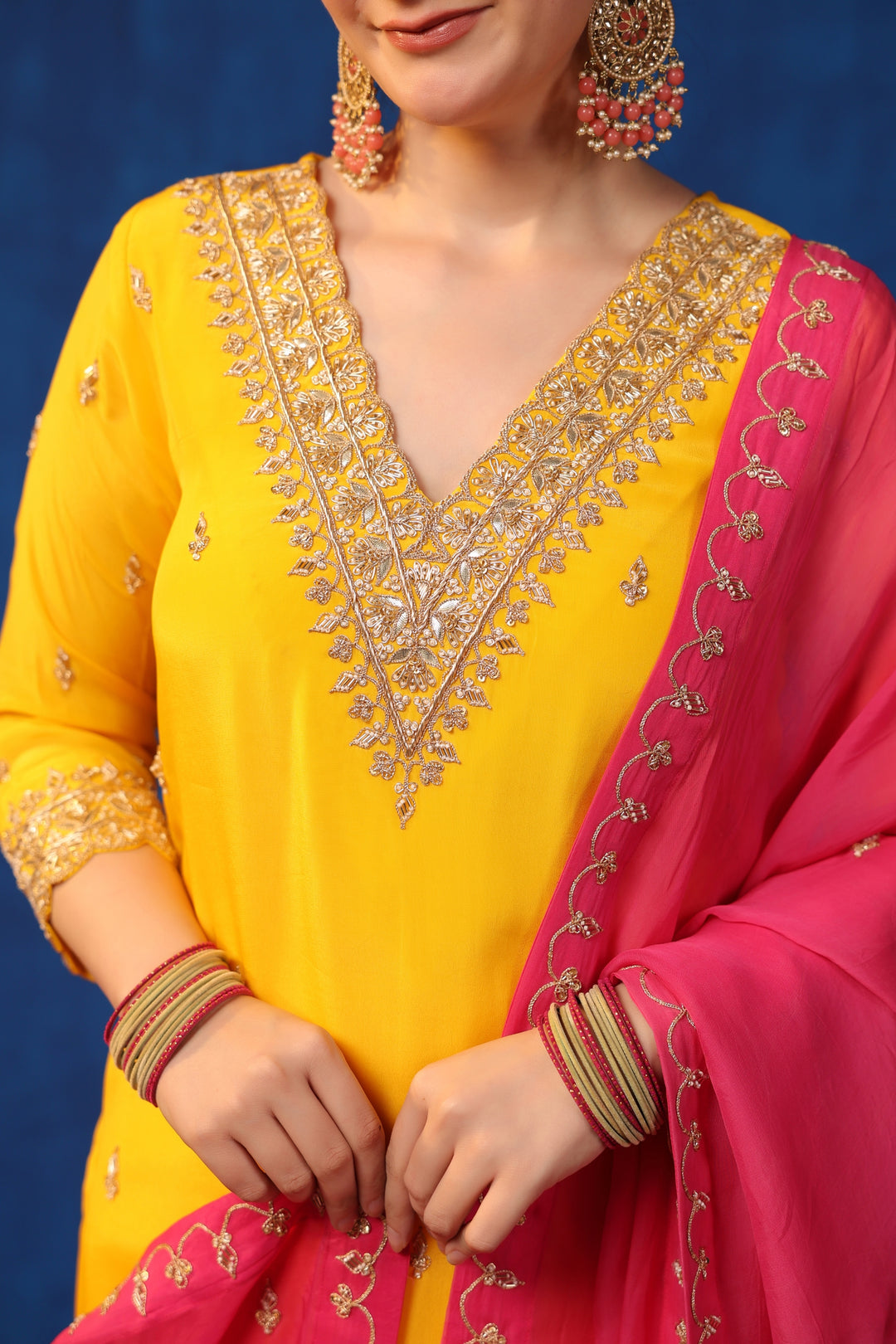 Yellow Crepe Zardozi Suit Set